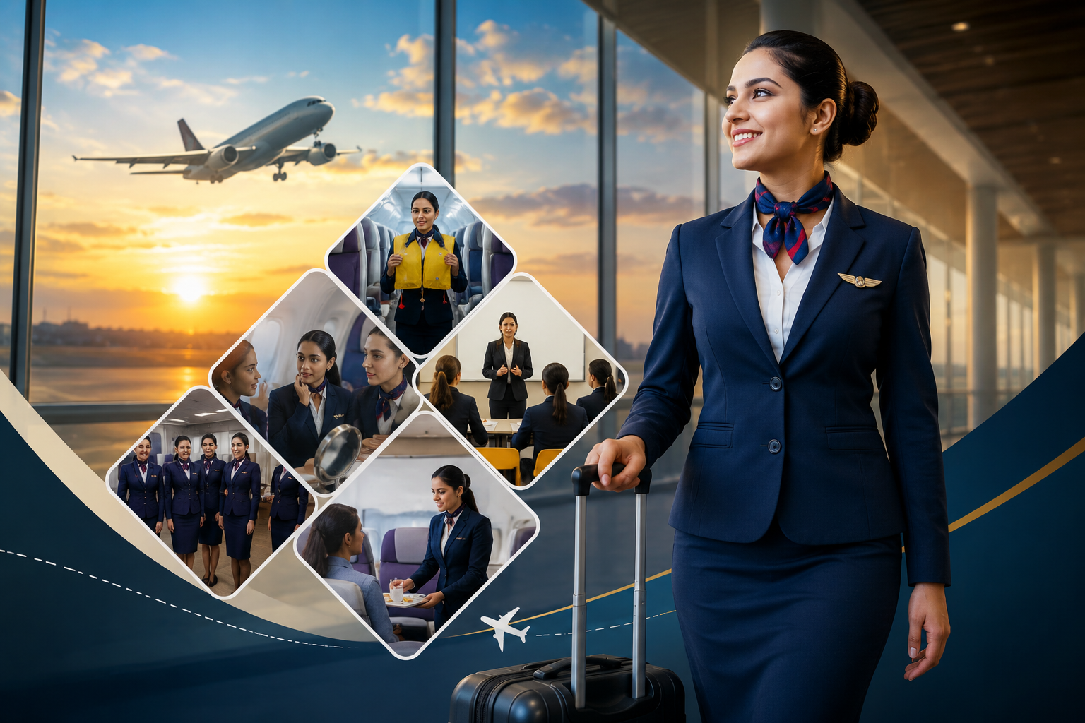 Professional aviation student in uniform at airport during air hostess training Goa with airplane takeoff and cabin crew learning sessions.