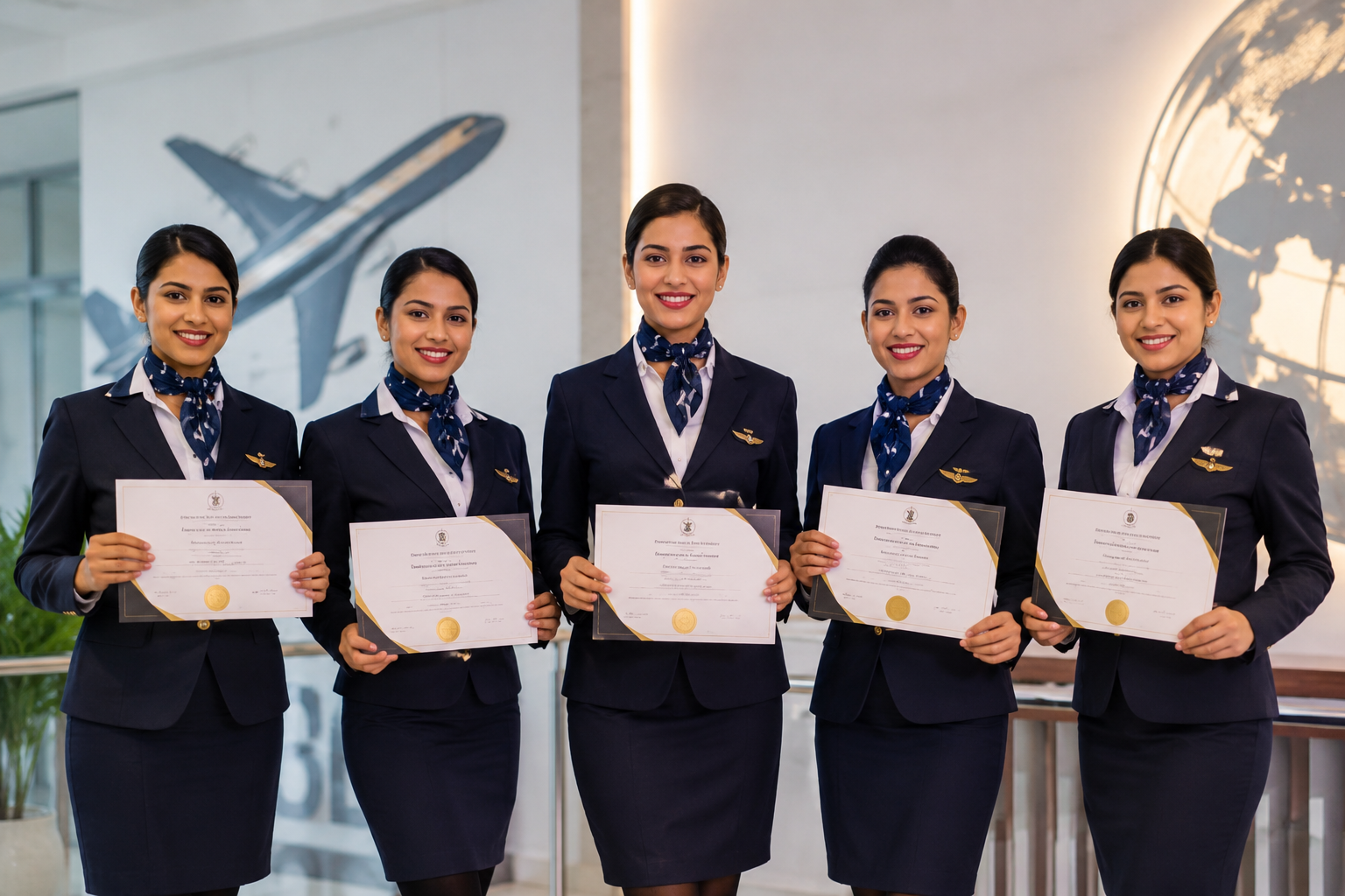 Students in aviation uniform holding certificates after completing air hostess training Ahmedabad at Panache Academy