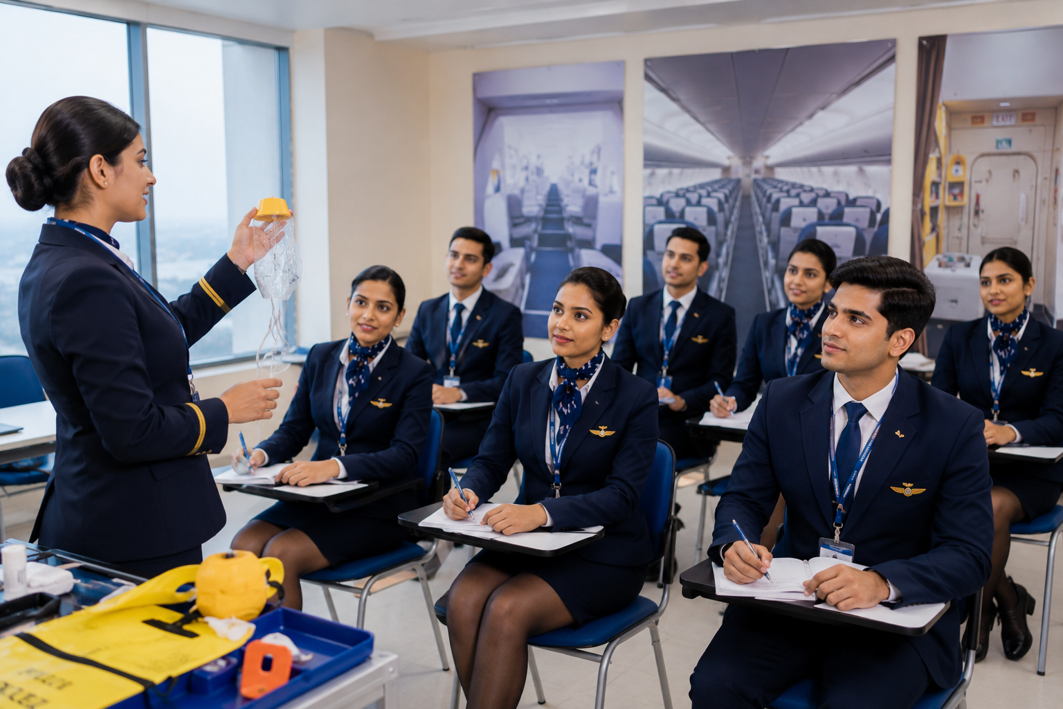 Practical classroom session for students attending air hostess training Ahmedabad with aviation safety demonstration