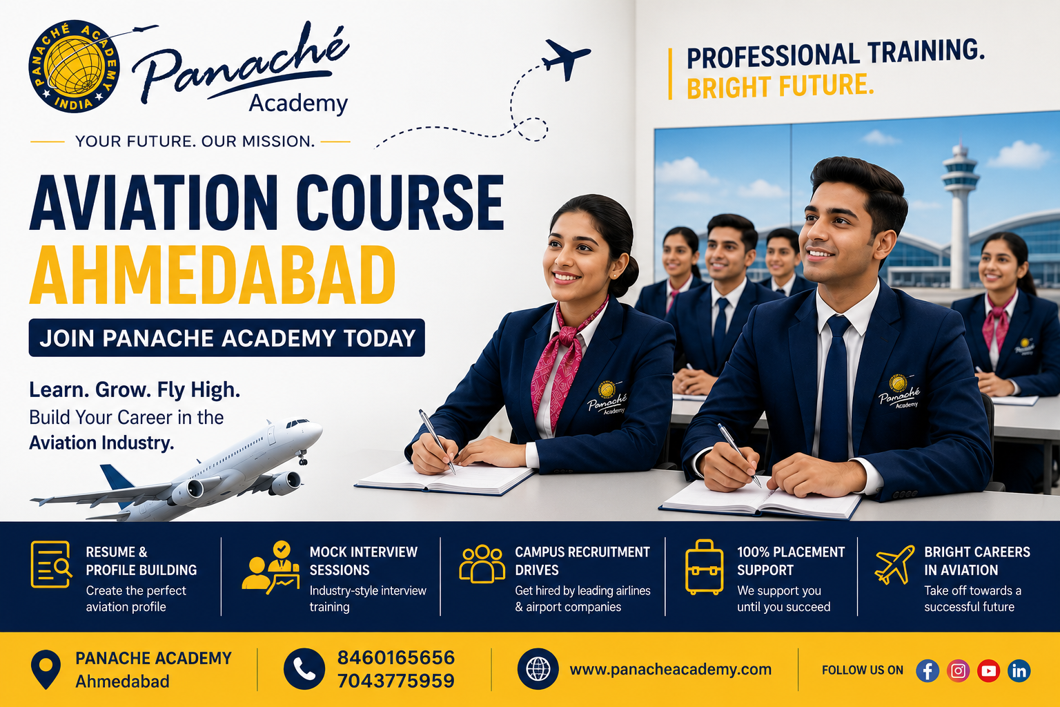 Students attending professional classroom training for Aviation Course Ahmedabad at Panache Academy with expert aviation faculty and placement support.
