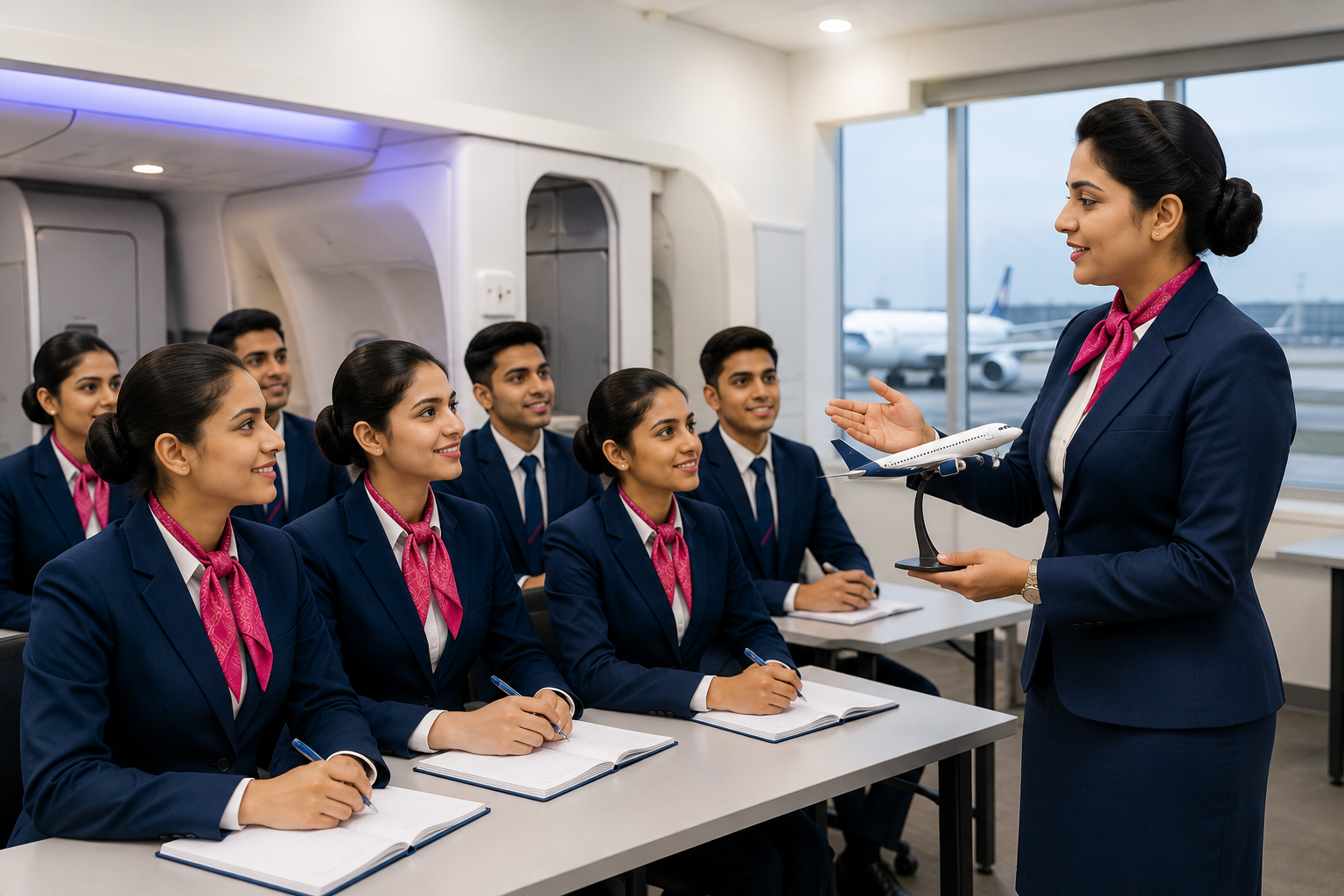 Students attending practical classroom training for Aviation Course Ahmedabad at Panache Academy with professional aviation trainer and cabin crew learning session.