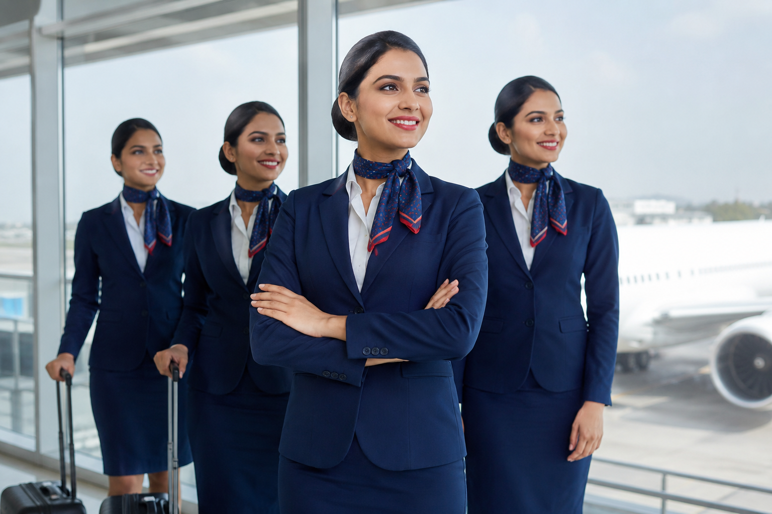 Air hostess training Indore students in professional cabin crew uniforms at airport terminal by Panache Academy