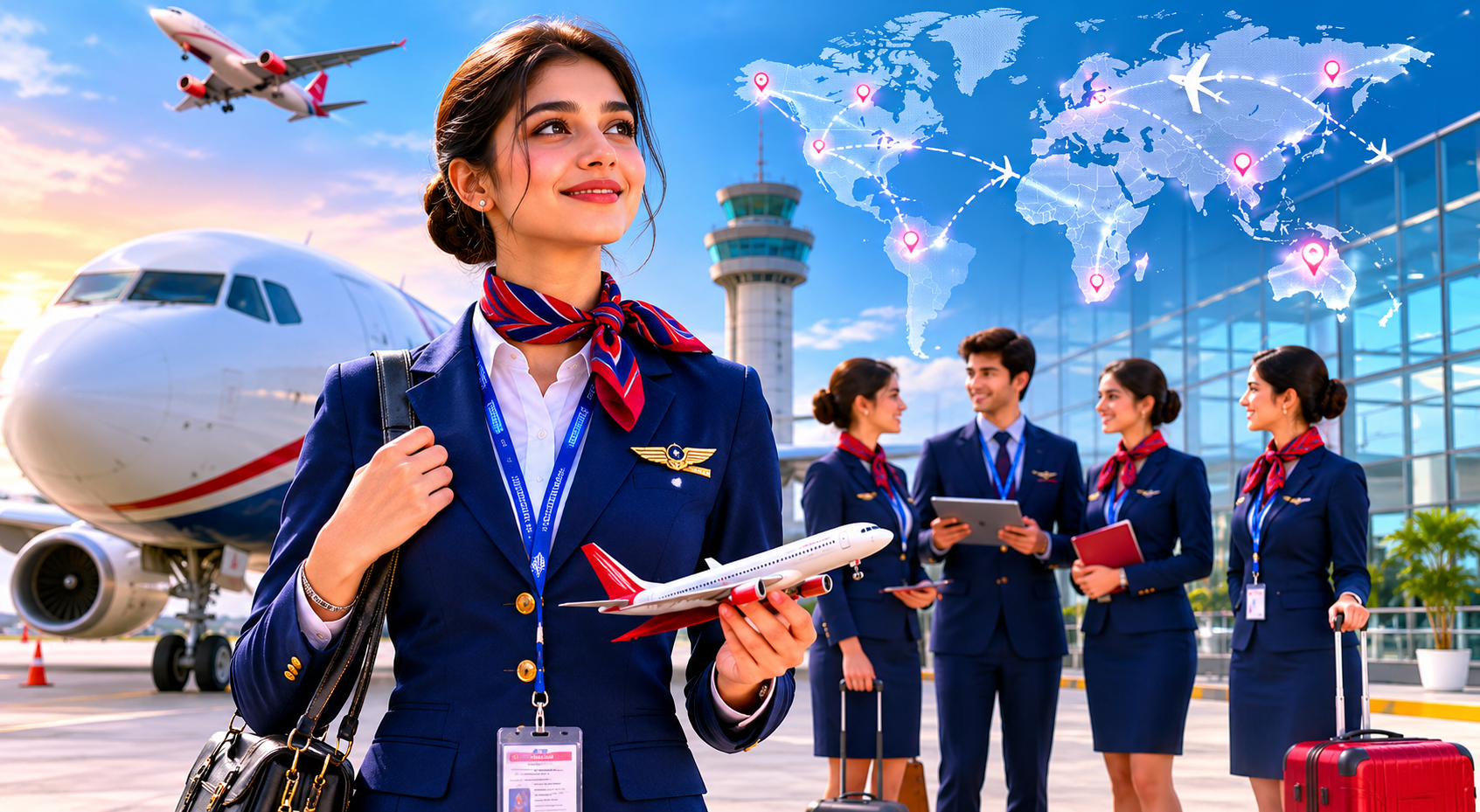 air hostess training Udaipur with aircraft, airport terminal.