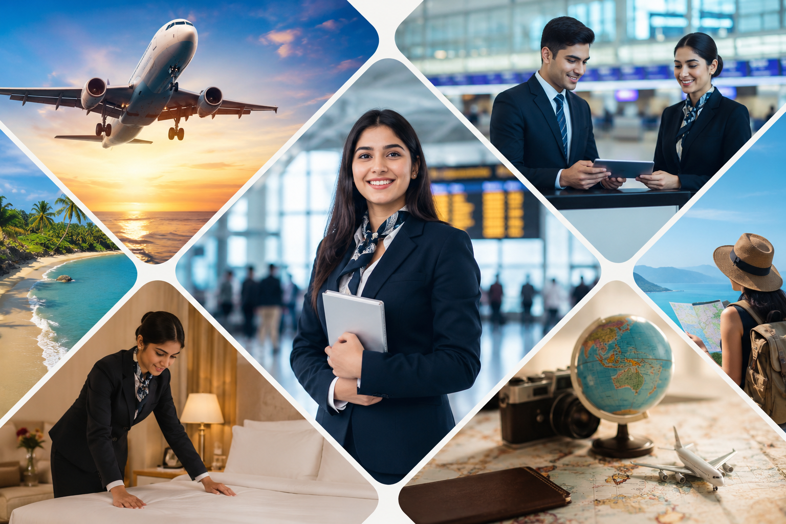 Travel and tourism school Goa collage featuring aviation training, hospitality learning, airport environment, travel destinations, and professional tourism students.