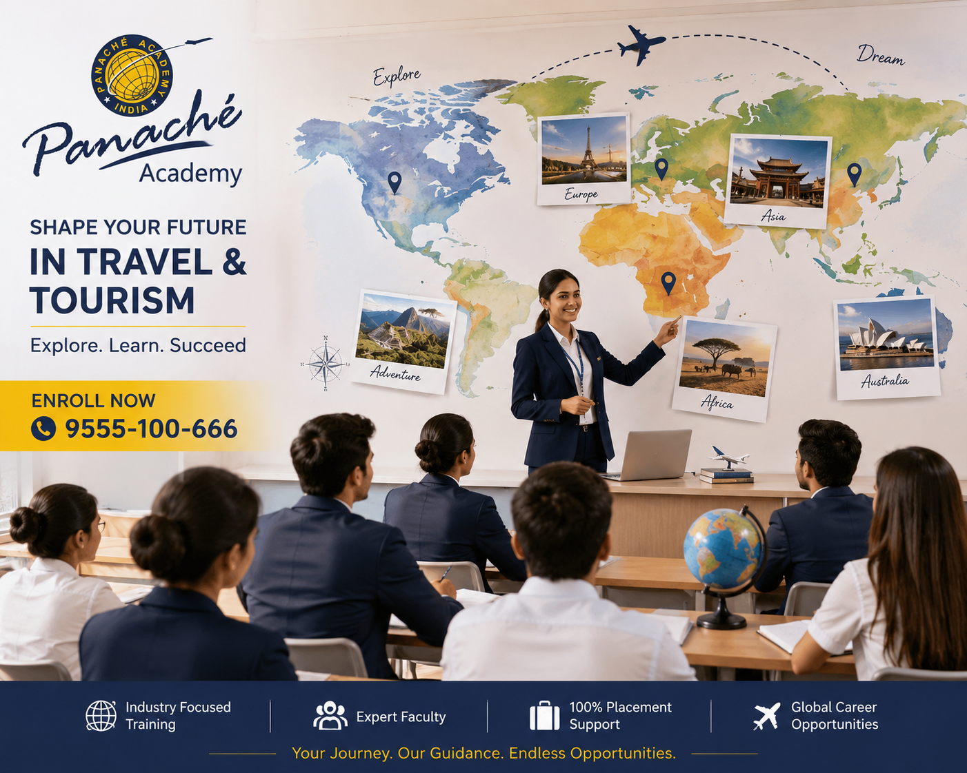 Travel and tourism school Goa classroom with world map, tourism destinations, and students learning travel and hospitality courses at Panache Academy.